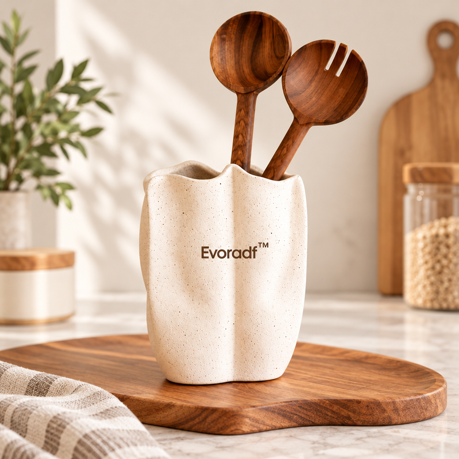 Evoradf™ Sculptural Speckled Ceramic Utensil Holder – Modern Countertop Organizer for Walnut Wood Kitchen Tools & Everyday Cooking