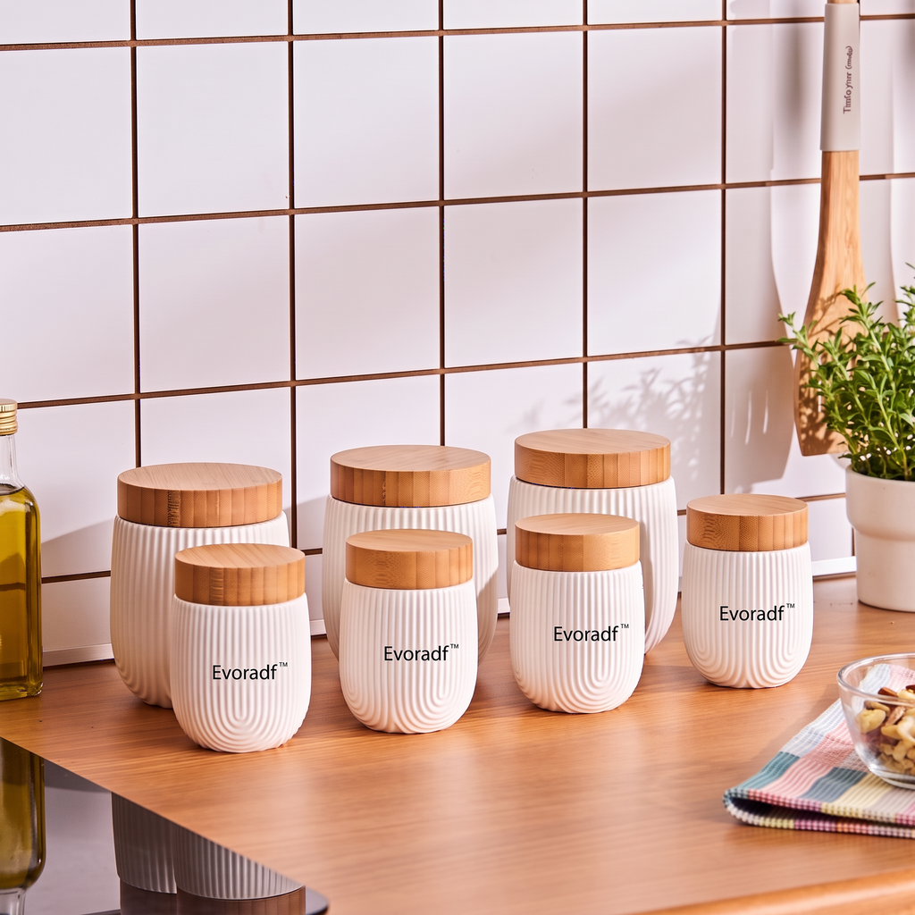 Evoradf™ Ribbed Ceramic Kitchen Canister Set with Natural Bamboo Lids – Modern Airtight Pantry Storage Jars for Coffee, Tea, Sugar & Everyday Essentials