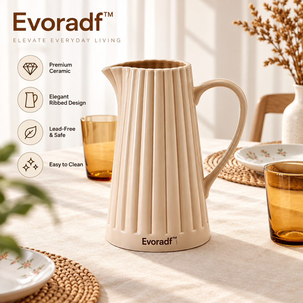 Evoradf™ Ribbed Ceramic Table Pitcher – Sculptural Modern Serving Jug for Everyday Dining