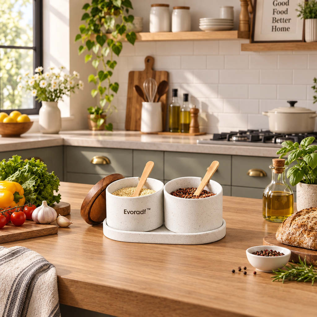 Evoradf™ Ceramic Kitchen Storage Jar Set with Acacia Wood Lids, Wooden Spoons & Serving Tray – Modern Countertop Organizer for Spices, Coffee & Pantry Essentials