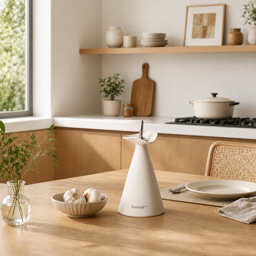 Evoradf™ Sculptural Ceramic Oil Dispenser with Precision Stainless Steel Spout – Modern Countertop Pourer for Olive Oil, Vinegar & Everyday Cooking