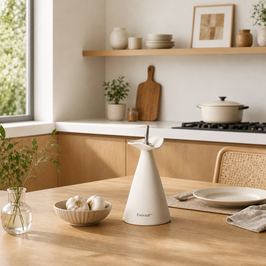 Evoradf™ Sculptural Ceramic Oil Dispenser with Precision Stainless Steel Spout – Modern Countertop Pourer for Olive Oil, Vinegar & Everyday Cooking