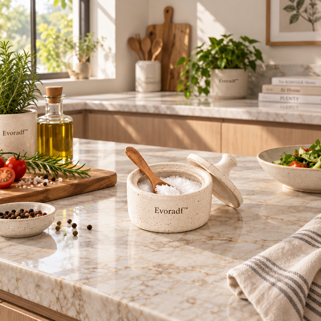 Evoradf™ Speckled Ceramic Salt Cellar with Natural Wood Spoon & Lid – Modern Countertop Seasoning Holder for Salt, Spices & Everyday Kitchen Essentials