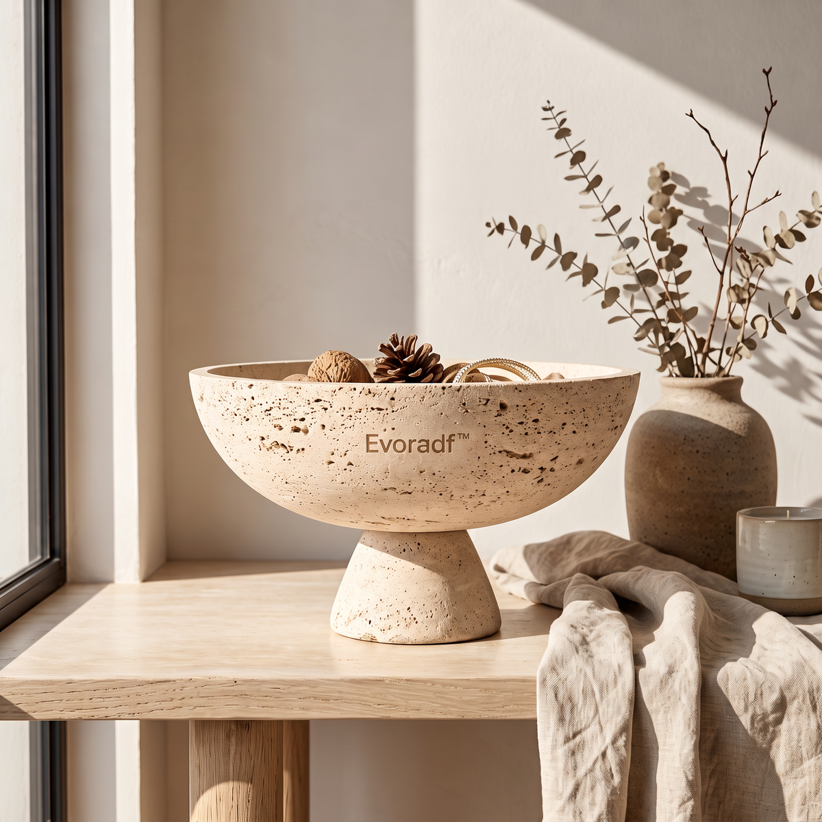 Evoradf™ Natural Travertine Pedestal Bowl, Handcrafted Stone Decorative Centerpiece with Organic Textured Finish – Elegant Tabletop Accent for Modern Living Spaces
