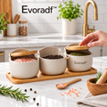 Evoradf™ Ceramic Spice & Seasoning Jar Set with Bamboo Lids, Wooden Tray & Spoon – Elegant 3-Piece Countertop Organizer for Salt, Pepper & Everyday Seasonings