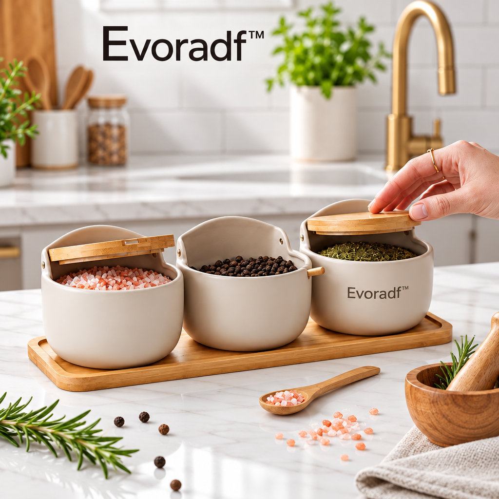 Evoradf™ Ceramic Spice & Seasoning Jar Set with Bamboo Lids, Wooden Tray & Spoon – Elegant 3-Piece Countertop Organizer for Salt, Pepper & Everyday Seasonings