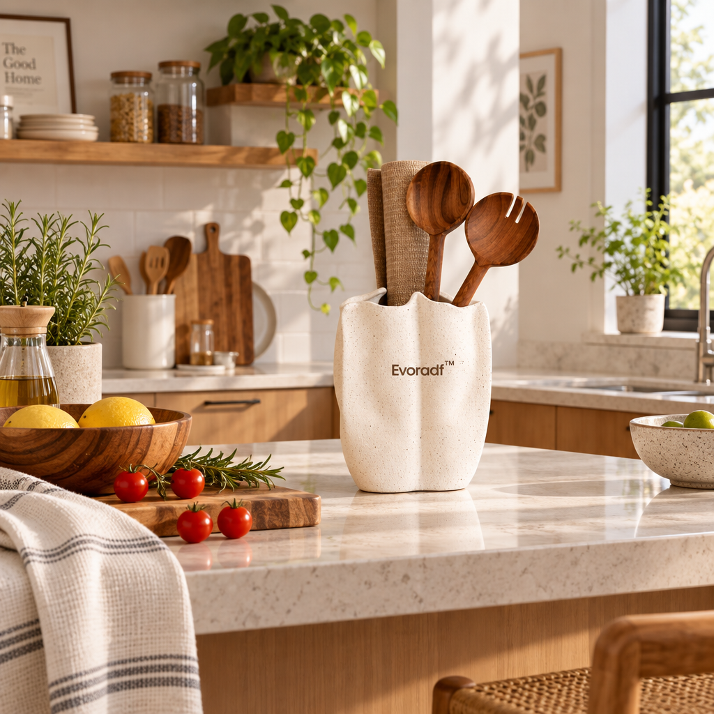 Evoradf™ Sculptural Speckled Ceramic Utensil Holder – Modern Countertop Organizer for Walnut Wood Kitchen Tools & Everyday Cooking