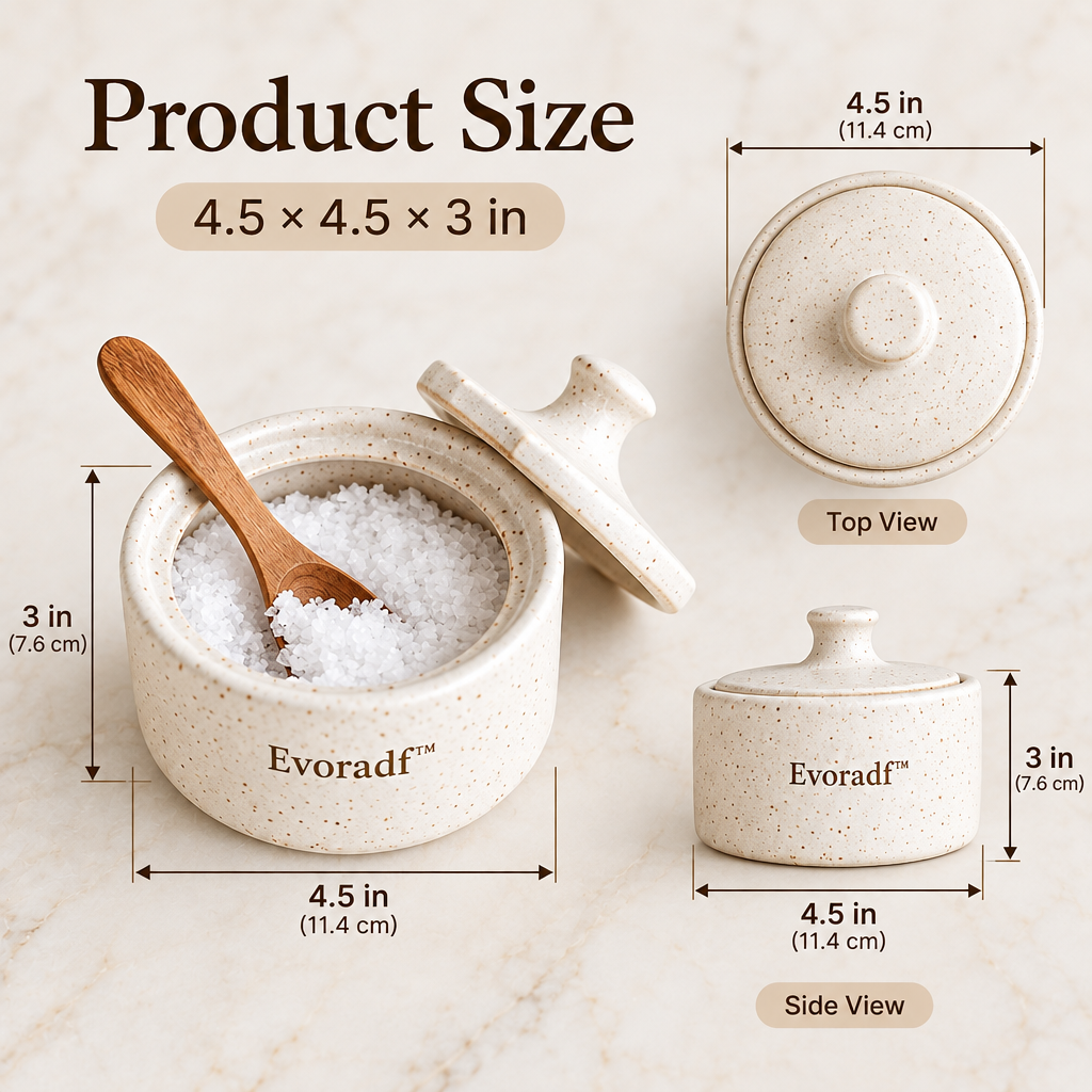 Evoradf™ Speckled Ceramic Salt Cellar with Natural Wood Spoon & Lid – Modern Countertop Seasoning Holder for Salt, Spices & Everyday Kitchen Essentials