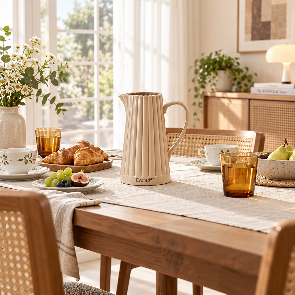 Evoradf™ Ribbed Ceramic Table Pitcher – Sculptural Modern Serving Jug for Everyday Dining
