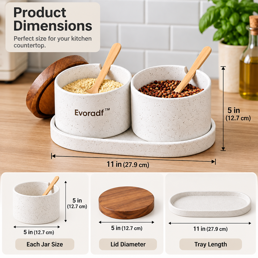 Evoradf™ Ceramic Kitchen Storage Jar Set with Acacia Wood Lids, Wooden Spoons & Serving Tray – Modern Countertop Organizer for Spices, Coffee & Pantry Essentials