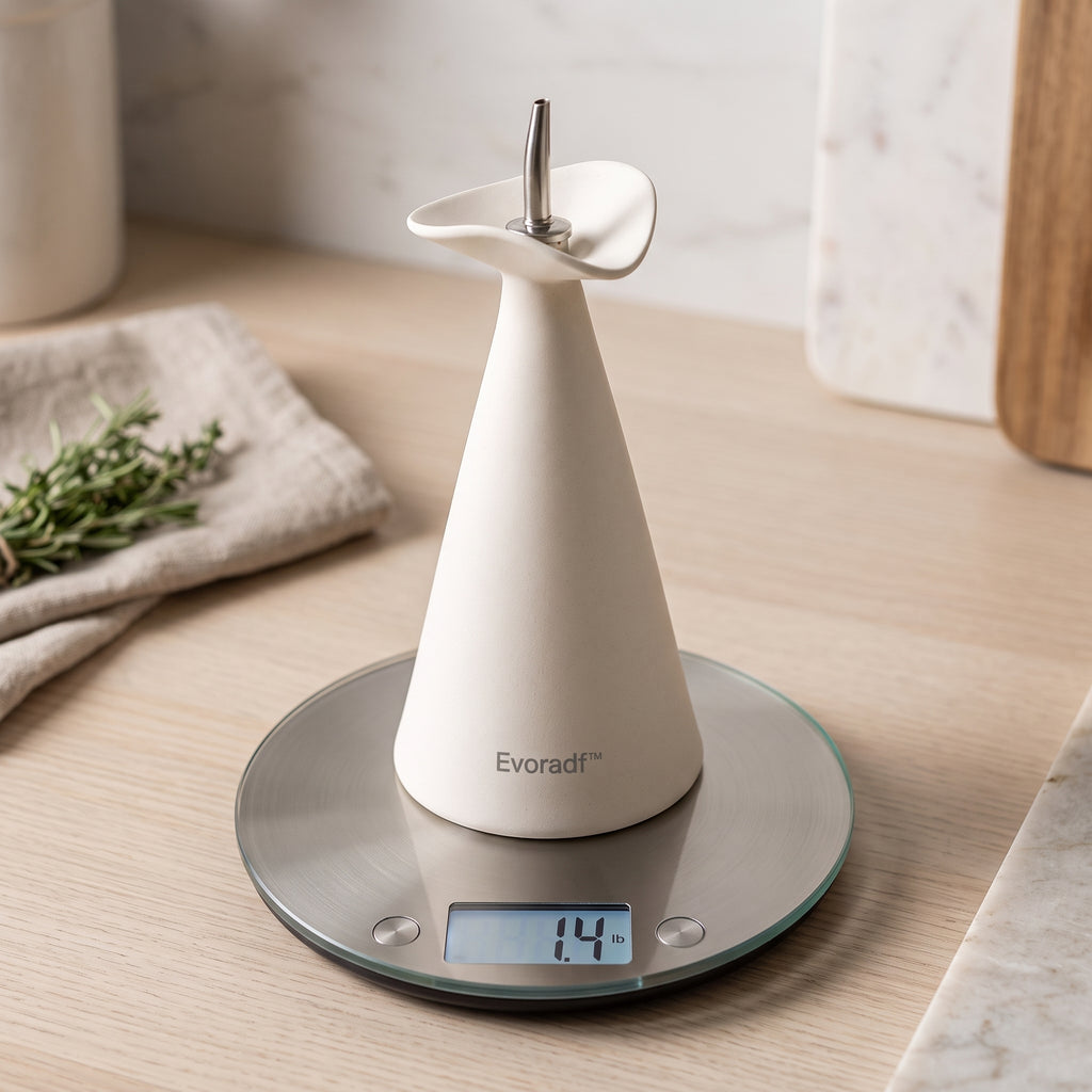 Evoradf™ Sculptural Ceramic Oil Dispenser with Precision Stainless Steel Spout – Modern Countertop Pourer for Olive Oil, Vinegar & Everyday Cooking