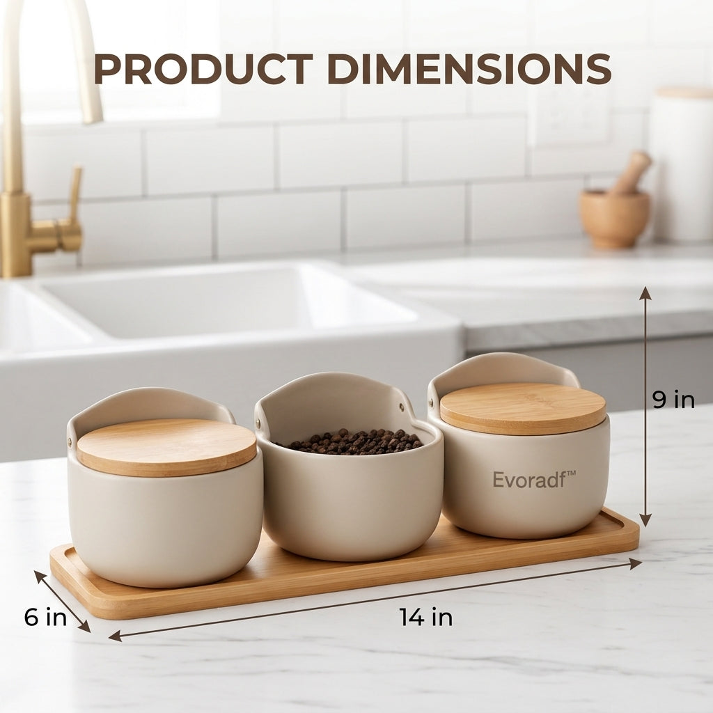 Evoradf™ Ceramic Spice & Seasoning Jar Set with Bamboo Lids, Wooden Tray & Spoon – Elegant 3-Piece Countertop Organizer for Salt, Pepper & Everyday Seasonings