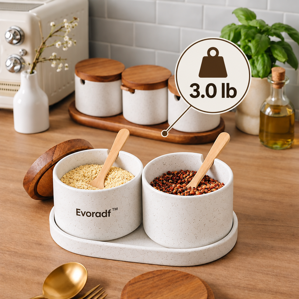 Evoradf™ Ceramic Kitchen Storage Jar Set with Acacia Wood Lids, Wooden Spoons & Serving Tray – Modern Countertop Organizer for Spices, Coffee & Pantry Essentials
