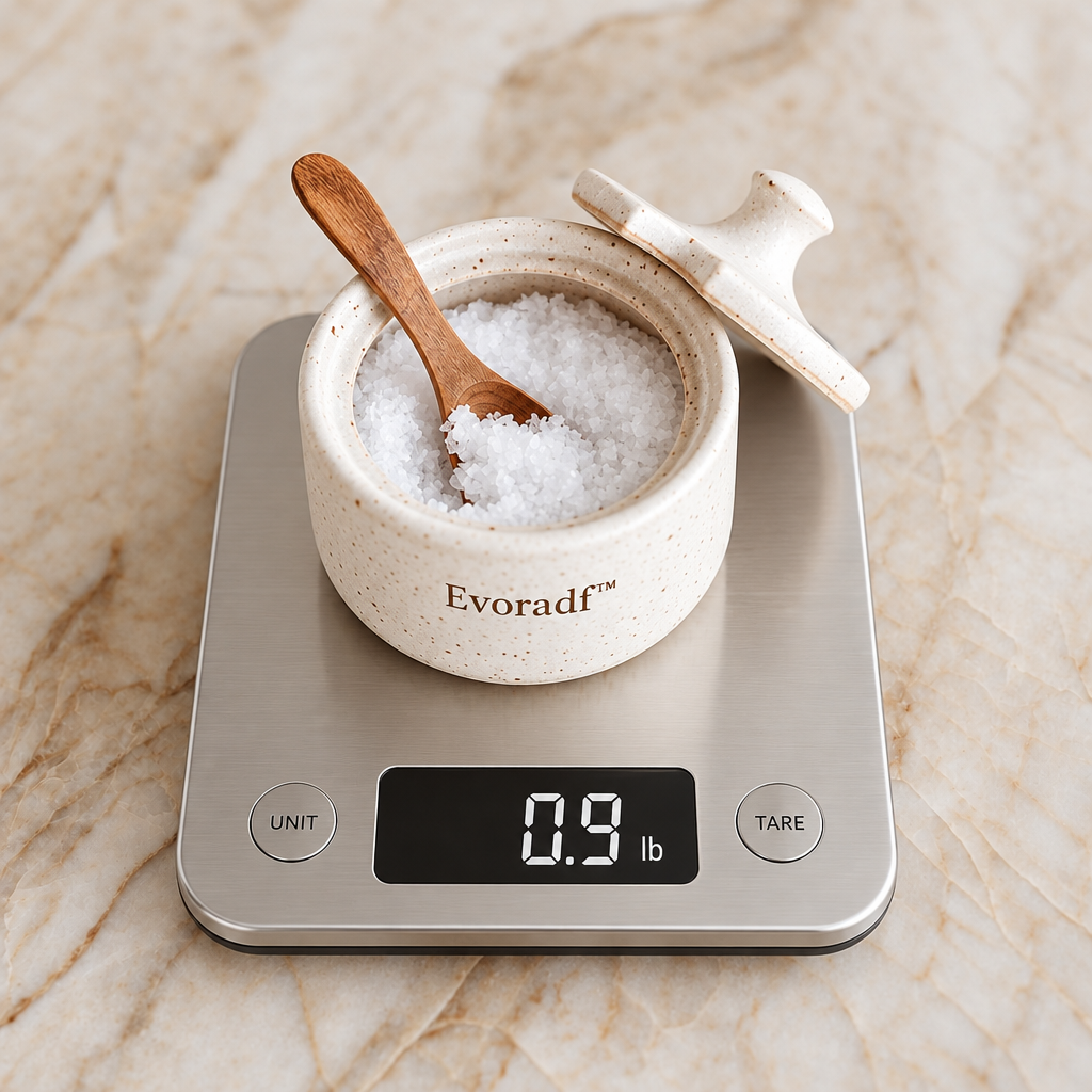 Evoradf™ Speckled Ceramic Salt Cellar with Natural Wood Spoon & Lid – Modern Countertop Seasoning Holder for Salt, Spices & Everyday Kitchen Essentials