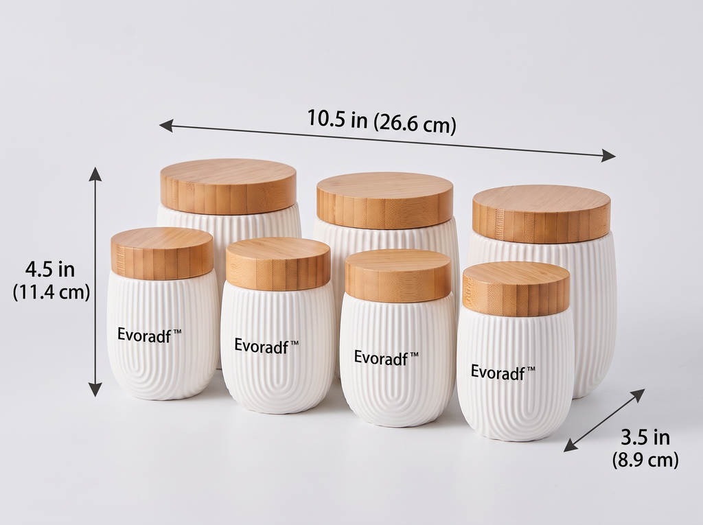 Evoradf™ Ribbed Ceramic Kitchen Canister Set with Natural Bamboo Lids – Modern Airtight Pantry Storage Jars for Coffee, Tea, Sugar & Everyday Essentials