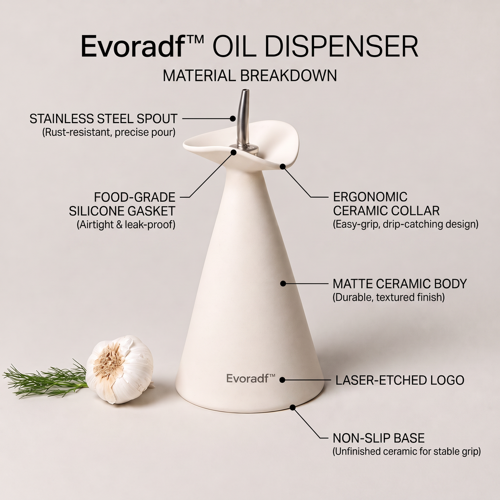 Evoradf™ Sculptural Ceramic Oil Dispenser with Precision Stainless Steel Spout – Modern Countertop Pourer for Olive Oil, Vinegar & Everyday Cooking