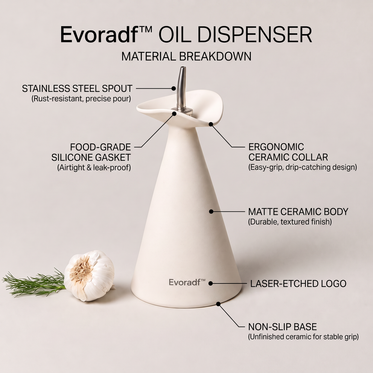 Evoradf™ Sculptural Ceramic Oil Dispenser with Precision Stainless Steel Spout – Modern Countertop Pourer for Olive Oil, Vinegar & Everyday Cooking