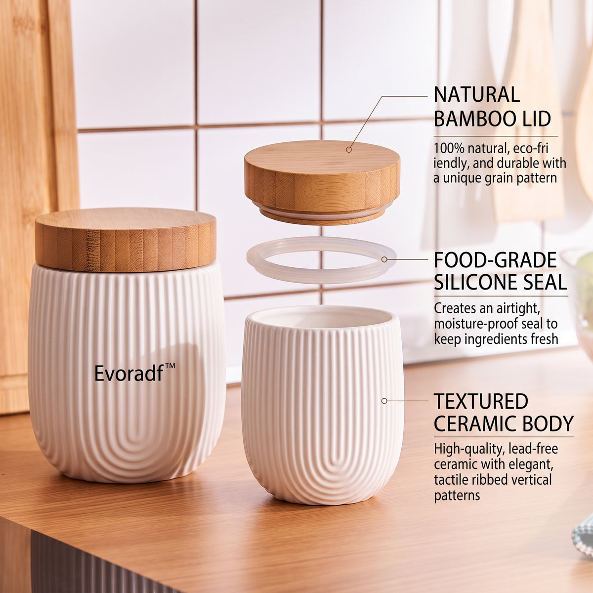 Evoradf™ Ribbed Ceramic Kitchen Canister Set with Natural Bamboo Lids – Modern Airtight Pantry Storage Jars for Coffee, Tea, Sugar & Everyday Essentials