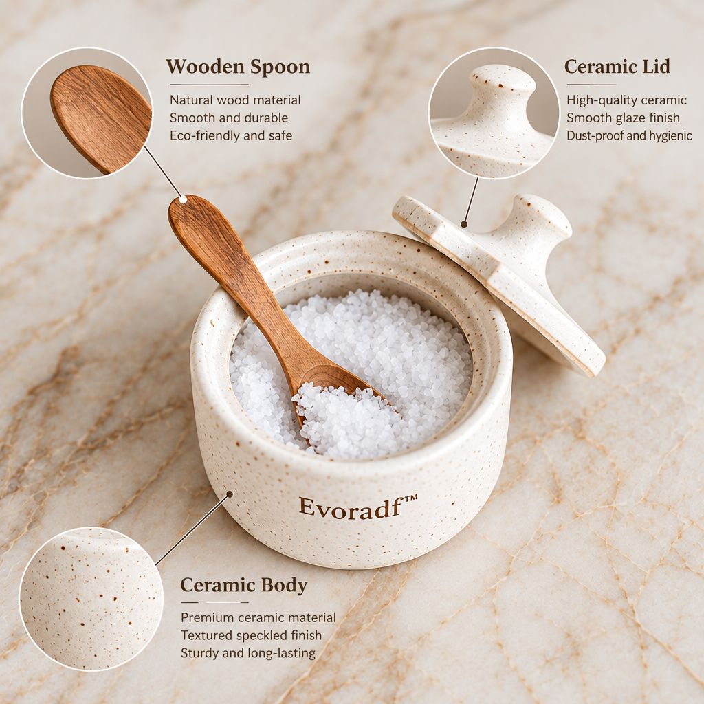Evoradf™ Speckled Ceramic Salt Cellar with Natural Wood Spoon & Lid – Modern Countertop Seasoning Holder for Salt, Spices & Everyday Kitchen Essentials