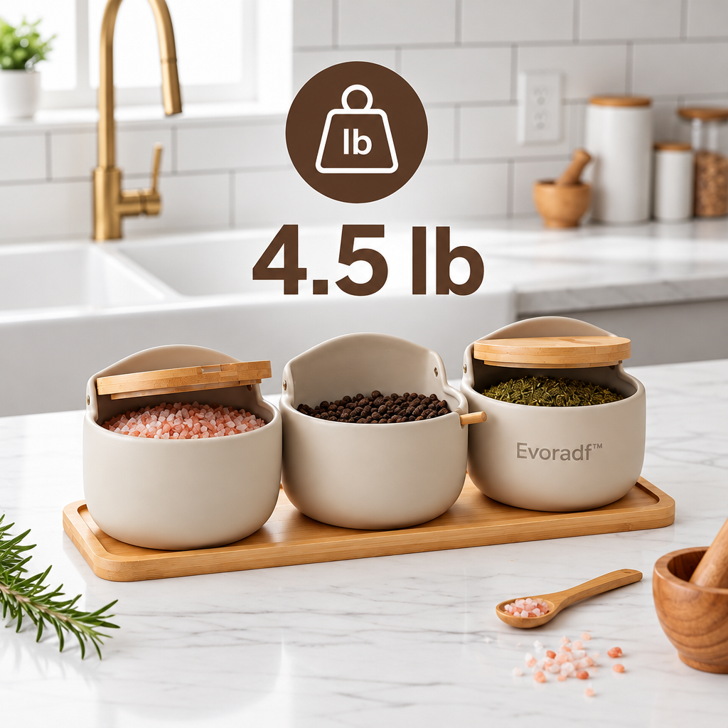 Evoradf™ Ceramic Spice & Seasoning Jar Set with Bamboo Lids, Wooden Tray & Spoon – Elegant 3-Piece Countertop Organizer for Salt, Pepper & Everyday Seasonings