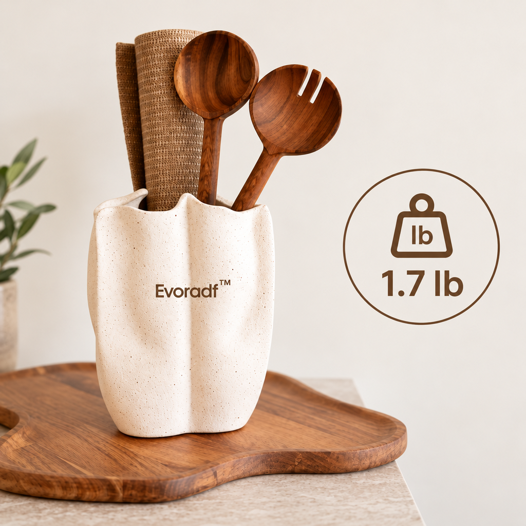 Evoradf™ Sculptural Speckled Ceramic Utensil Holder – Modern Countertop Organizer for Walnut Wood Kitchen Tools & Everyday Cooking