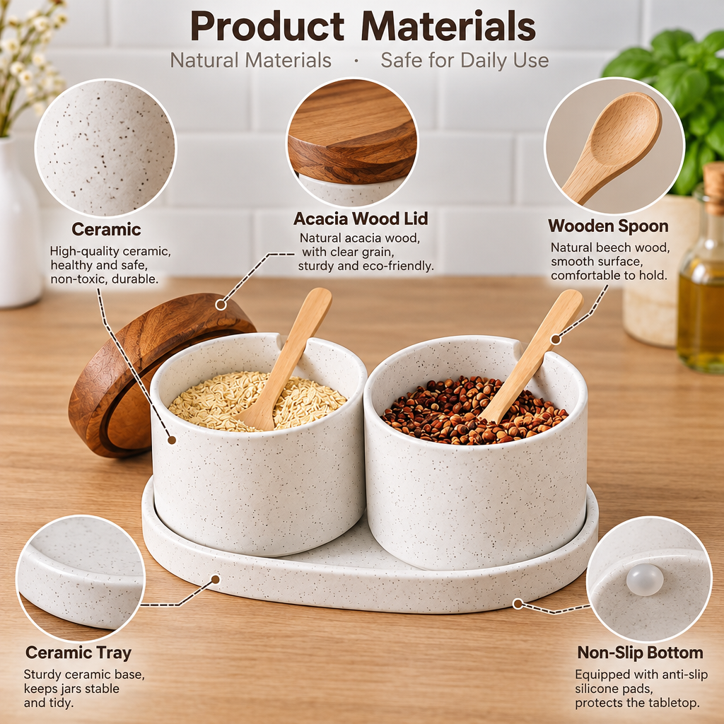 Evoradf™ Ceramic Kitchen Storage Jar Set with Acacia Wood Lids, Wooden Spoons & Serving Tray – Modern Countertop Organizer for Spices, Coffee & Pantry Essentials