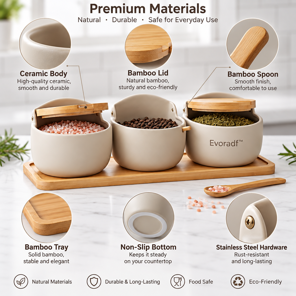 Evoradf™ Ceramic Spice & Seasoning Jar Set with Bamboo Lids, Wooden Tray & Spoon – Elegant 3-Piece Countertop Organizer for Salt, Pepper & Everyday Seasonings