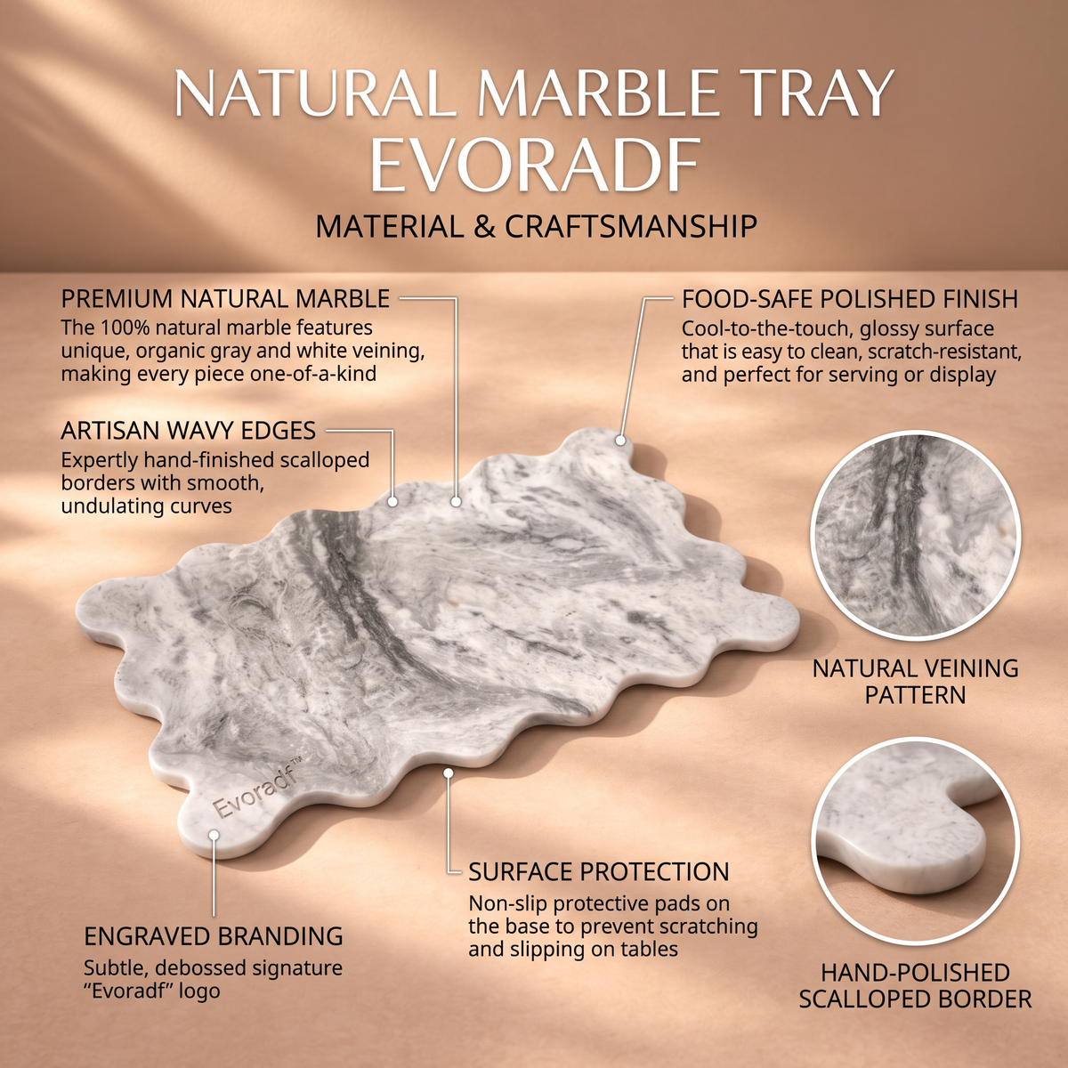 Evoradf™ Natural Marble Serving Tray with Sculptural Scalloped Edge – Elegant Charcuterie, Dessert & Entertaining Platter for Modern Dining