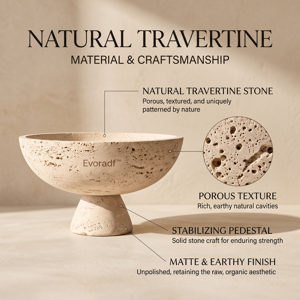 Evoradf™ Natural Travertine Pedestal Bowl, Handcrafted Stone Decorative Centerpiece with Organic Textured Finish – Elegant Tabletop Accent for Modern Living Spaces