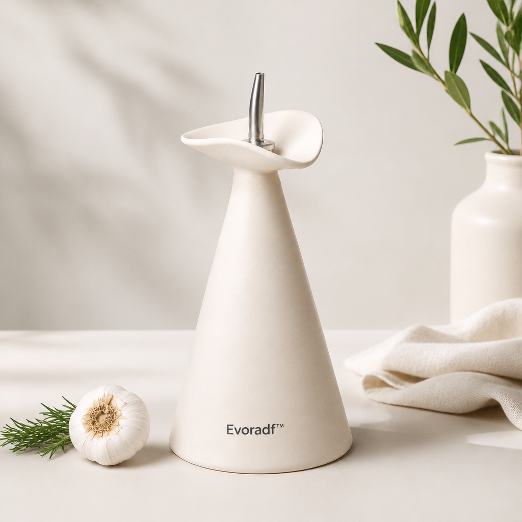 Evoradf™ Sculptural Ceramic Oil Dispenser with Precision Stainless Steel Spout – Modern Countertop Pourer for Olive Oil, Vinegar & Everyday Cooking