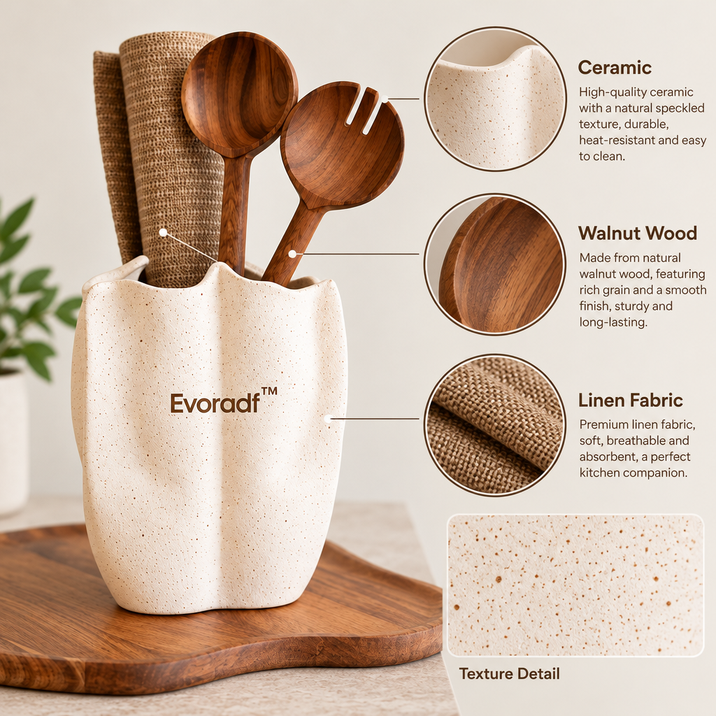 Evoradf™ Sculptural Speckled Ceramic Utensil Holder – Modern Countertop Organizer for Walnut Wood Kitchen Tools & Everyday Cooking