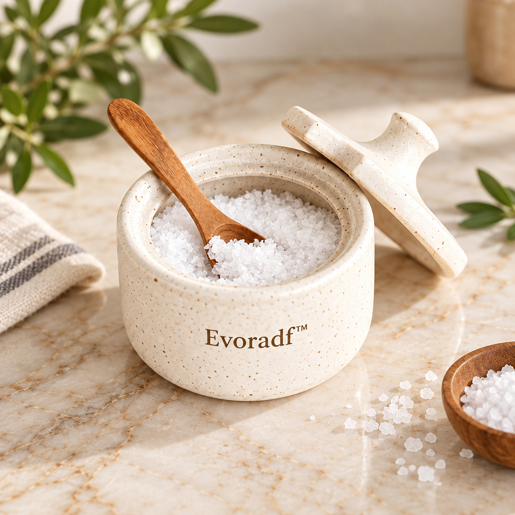 Evoradf™ Speckled Ceramic Salt Cellar with Natural Wood Spoon & Lid – Modern Countertop Seasoning Holder for Salt, Spices & Everyday Kitchen Essentials