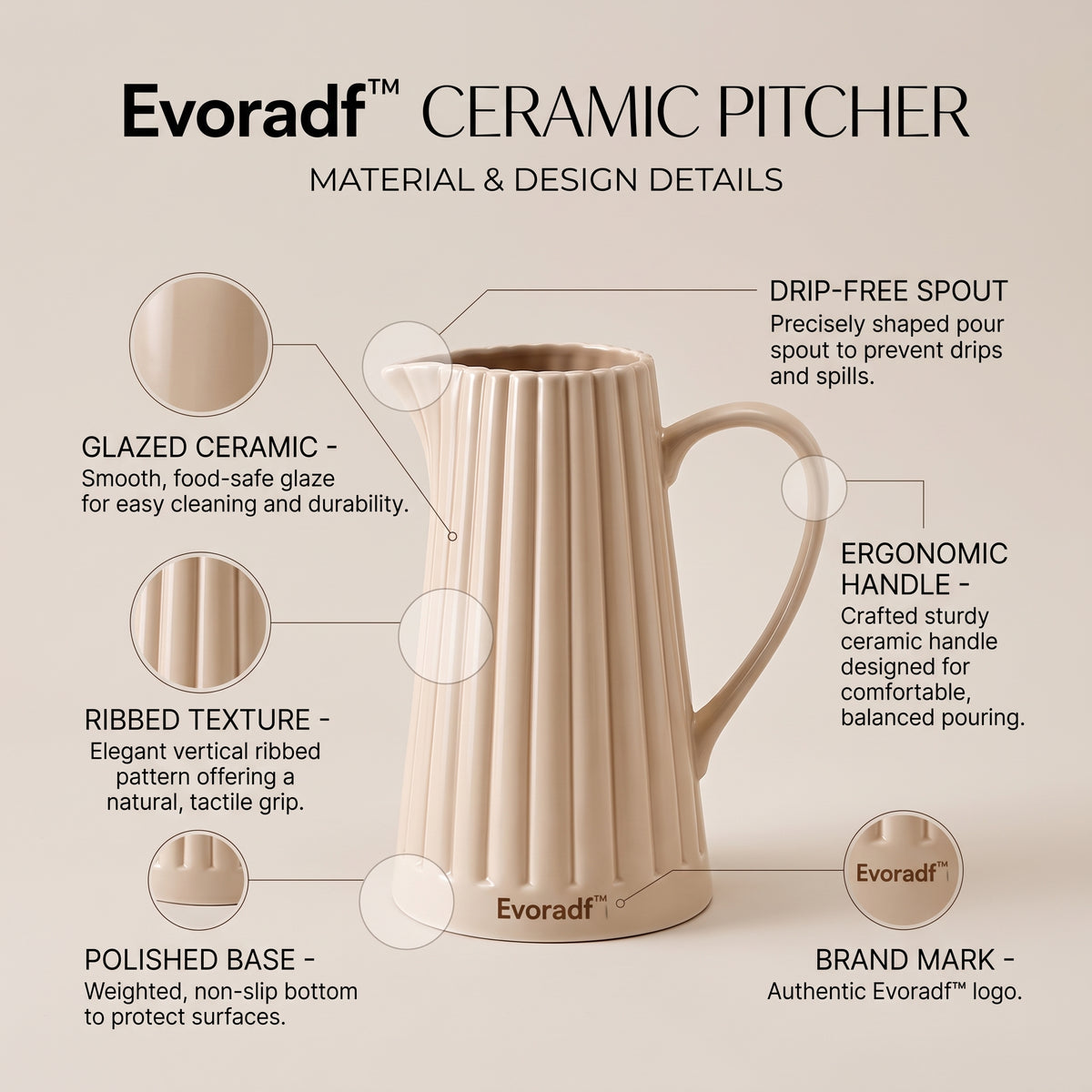 Evoradf™ Ribbed Ceramic Table Pitcher – Sculptural Modern Serving Jug for Everyday Dining