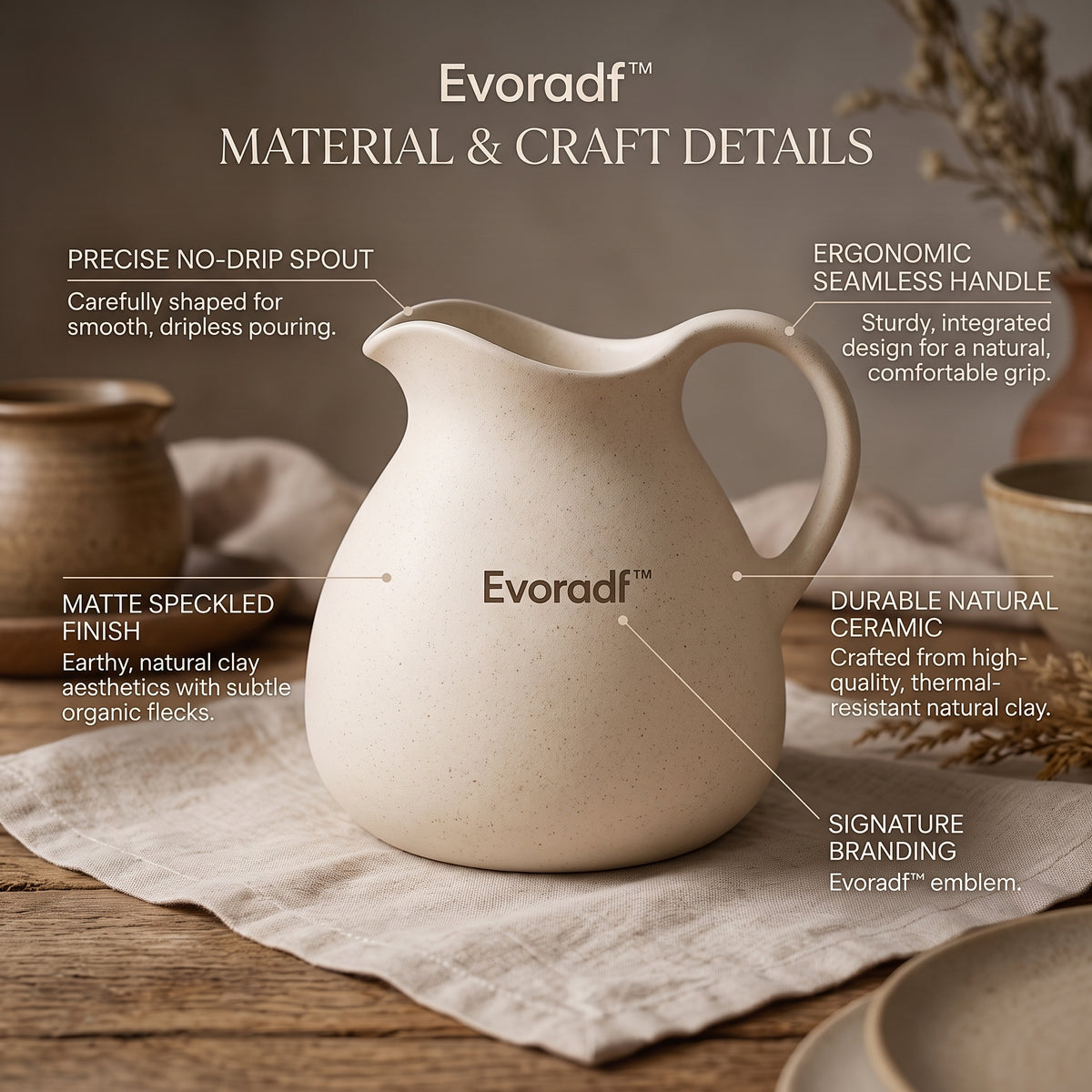 Evoradf™ Speckled Ceramic Serving Pitcher – Modern Water & Beverage Carafe with Sculpted No-Drip Spout and Ergonomic Handle