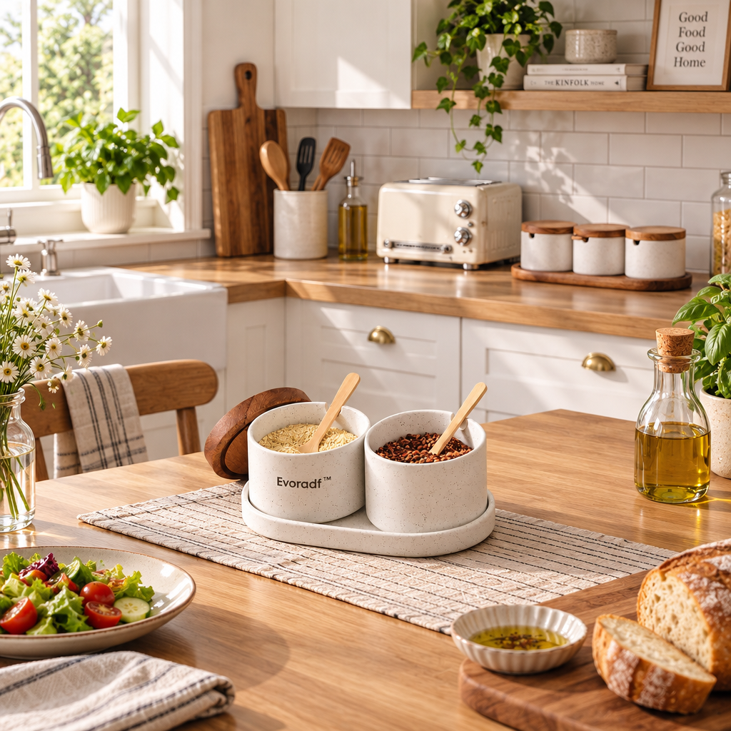 Evoradf™ Ceramic Kitchen Storage Jar Set with Acacia Wood Lids, Wooden Spoons & Serving Tray – Modern Countertop Organizer for Spices, Coffee & Pantry Essentials